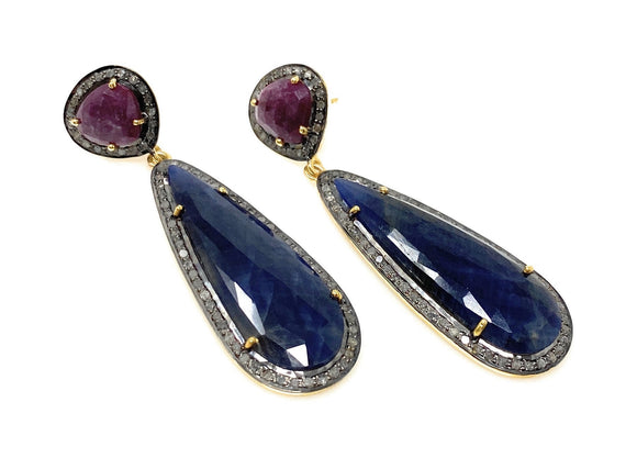 Blue and Dark Pink Sapphire Pave Diamond Earrings, Sapphire Gemstone Earrings