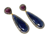 Blue and Dark Pink Sapphire Pave Diamond Earrings, Sapphire Gemstone Earrings