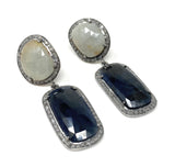 Rare Blue and White Sapphire Pave Diamond Earrings, Genuine Fancy Sapphire Earrings, Silver Gemstone Jewelry , Gifts for Her