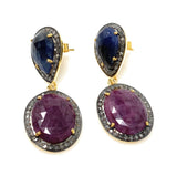 Pave Diamond Ruby and Blue Sapphire Earrings, Gemstone Earrings, Victorian Jewelry
