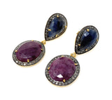 Pave Diamond Ruby and Blue Sapphire Earrings, Gemstone Earrings, Victorian Jewelry