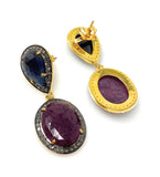 Pave Diamond Ruby and Blue Sapphire Earrings, Gemstone Earrings, Victorian Jewelry