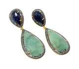 Genuine Emerald and Blue Sapphire Pave Diamond Earrings, Sapphire Earrings, Emerald Earrings, Gifts for Her