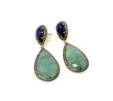 Natural emerald blue sapphire and pave diamond earrings with green pear shaped drops and blue gemstone tops