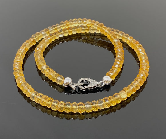 16” Citrine Necklace with Pave Diamond Clasp, Spiritual Healing Gemstone Jewelry, Crystal Beaded Chakra Necklace, November Birthstone Gifts