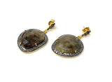 Side View of Natural smoky sapphire earrings with genuine pave diamond accents
