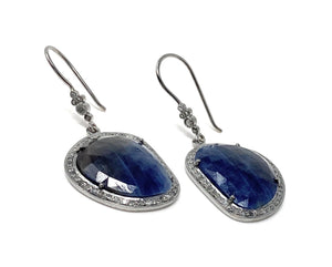 Pave Diamond Blue Sapphire Earrings, Natural Sapphire Gemstone Earrings, Victorian Jewelry
