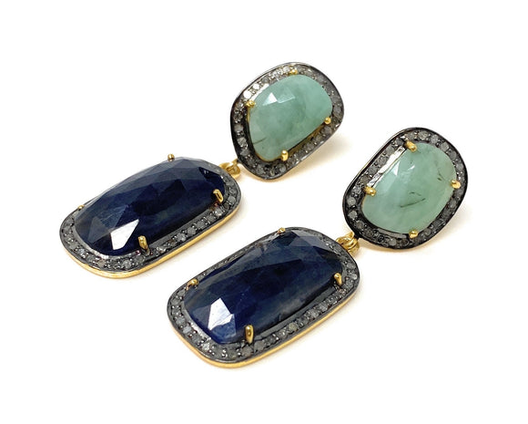 Genuine Emerald and Blue Sapphire Pave Diamond Earrings, Sapphire Earrings, Emerald Earrings, Gifts for Her