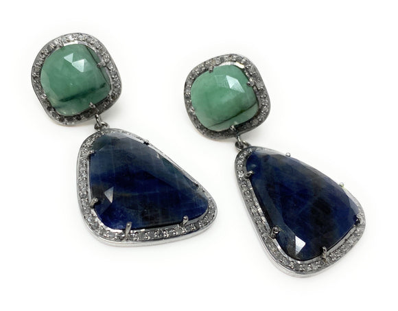 Pave Diamond Emerald and Blue Sapphire Earrings, Natural Sapphire Earrings, Genuine Emerald Earrings, Gifts for Her