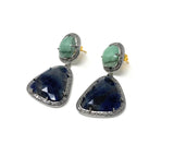 Pave Diamond Emerald and Blue Sapphire Earrings, Natural Sapphire Earrings, Genuine Emerald Earrings, Gifts for Her
