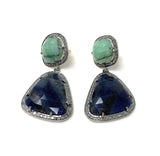 Pave Diamond Emerald and Blue Sapphire Earrings, Natural Sapphire Earrings, Genuine Emerald Earrings, Gifts for Her