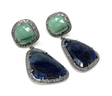 Pave Diamond Emerald and Blue Sapphire Earrings, Natural Sapphire Earrings, Genuine Emerald Earrings, Gifts for Her