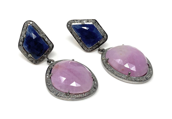 Pave Diamond Sapphire Earrings, Natural Pink and Blue Sapphire Gemstone Earrings, Victorian Jewelry