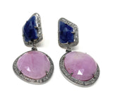 Pave Diamond Sapphire Earrings, Natural Pink and Blue Sapphire Gemstone Earrings, Victorian Jewelry