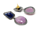Pave Diamond Sapphire Earrings, Natural Pink and Blue Sapphire Gemstone Earrings, Victorian Jewelry