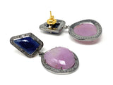 Pave Diamond Sapphire Earrings, Natural Pink and Blue Sapphire Gemstone Earrings, Victorian Jewelry
