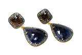 Pave Diamond Earrings, Blue Sapphire and Smoky Sapphire Earrings, Antique Look Silver Gemstone Earrings, Gifts for Her