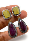 Pave Diamond Ruby and Yellow Sapphire Gemstone Earrings, Victorian Jewelry