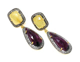 Pave Diamond Ruby and Yellow Sapphire Gemstone Earrings, Victorian Jewelry