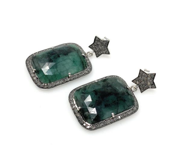 Genuine Emerald Pave Diamond Earrings, Natural Gemstone Silver Earrings, Victorian Jewelry Gifts for Her, 1.65” x 0.85”