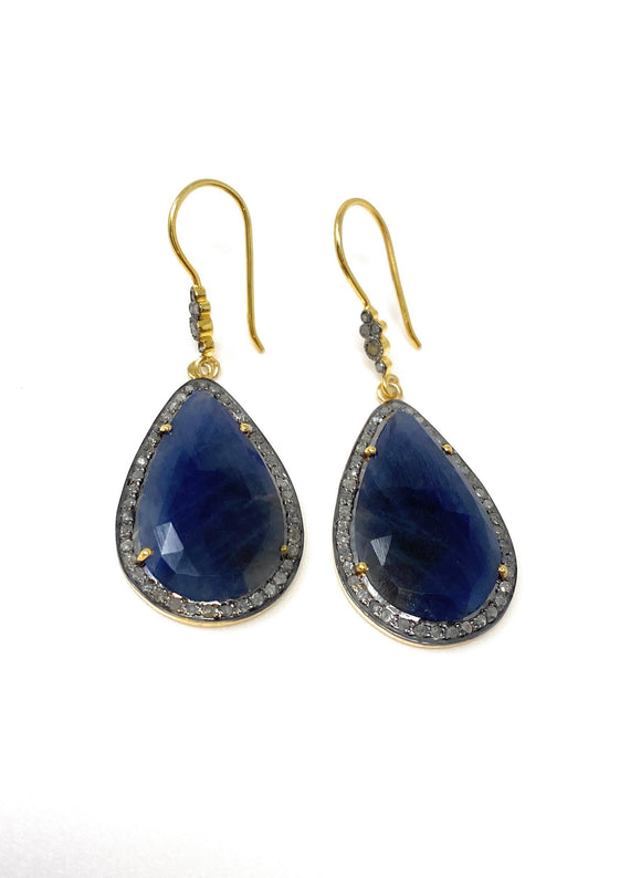 Pave Diamond Sapphire Earrings, Natural Blue Sapphire Gemstone Earrings, Victorian Jewelry, 2.15” x 0.80”