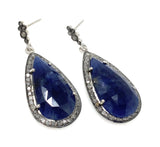 Pave Diamond Blue Sapphire Earrings, Natural Sapphire Gemstone Earrings, Victorian Jewelry, 1.5” x 0.60”