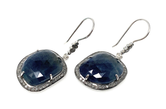 Pave Diamond Blue Sapphire Earrings, Natural Sapphire Gemstone Earrings, Victorian Jewelry, 1.85” x 0.85”