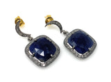 Pave Diamond Sapphire Earrings, Natural Blue Sapphire Gemstone Earrings, Moon Dangle Victorian Earrings, 1.30” x 0.60”