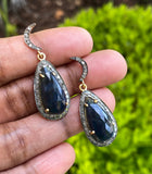 Blue Sapphire Diamond Earrings, Natural Gemstone Pave Diamond Earrings, Moon Dangle Victorian Earrings, 1.5” x 0.60”