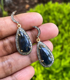 Blue Sapphire Diamond Earrings, Natural Gemstone Pave Diamond Earrings, Moon Dangle Victorian Earrings, 1.5” x 0.60”