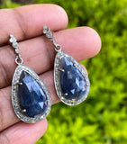 Blue Sapphire Pave Diamond Earrings, Natural Sapphire Gemstone Earrings, Victorian Jewelry, 1.40” x 0.65”