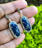 Blue Sapphire Pave Diamond Earrings, Natural Sapphire Gemstone Earrings, Victorian Jewelry, 1.5” x 0.50”