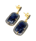 Blue Sapphire Pave Diamond Earrings, Natural Sapphire Gemstone Earrings, Victorian Jewelry, 1.25” x 0.60”
