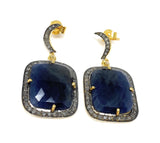 Pave Diamond Sapphire Earrings, Natural Blue Sapphire Gemstone Earrings, Moon Dangle Victorian Earrings, 1.30” x 0.75”