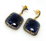 Pave Diamond Sapphire Earrings, Natural Blue Sapphire Gemstone Earrings, Moon Dangle Victorian Earrings, 1.30” x 0.75”