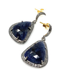 Pave Diamond Sapphire Earrings, Natural Blue Sapphire Gemstone Earrings, Moon Dangle Victorian Earrings, 1.40” x 0.75”