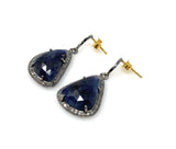 Pave Diamond Sapphire Earrings, Natural Blue Sapphire Gemstone Earrings, Moon Dangle Victorian Earrings, 1.40” x 0.75”