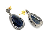Pave Diamond Sapphire Earrings, Natural Blue Sapphire Gemstone Earrings, Dangle Victorian Earrings, 1.25” x 0.70”