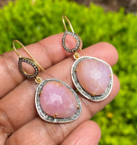Pave Diamond Sapphire Earrings, Natural Pink Sapphire Gemstone Earrings, 14K Gold Plated Victorian Jewelry, 1.85” x 0.85”