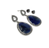 Pave Diamond Blue Sapphire Earrings, Natural Sapphire Gemstone Earrings, Silver Victorian Jewelry, 1.5” x 0.80”