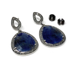 Pave Diamond Blue Sapphire Earrings, Natural Sapphire Gemstone Earrings, Silver Victorian Jewelry, 1.5” x 0.80”