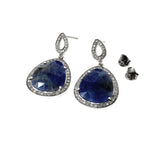 Pave Diamond Blue Sapphire Earrings, Natural Sapphire Gemstone Earrings, Silver Victorian Jewelry, 1.5” x 0.80”