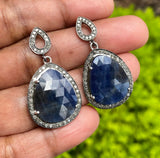 Pave Diamond Blue Sapphire Earrings, Natural Sapphire Gemstone Earrings, Silver Victorian Jewelry, 1.5” x 0.80”