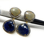 Rare Blue and Off White Sapphire Pave Diamond Earrings, Genuine Fancy Sapphire Earrings, Gemstone Jewelry , Gifts for Her