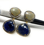 Rare Blue and Off White Sapphire Pave Diamond Earrings, Genuine Fancy Sapphire Earrings, Gemstone Jewelry , Gifts for Her