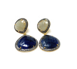 Rare Blue and Off White Sapphire Pave Diamond Earrings, Genuine Fancy Sapphire Earrings, Gemstone Jewelry , Gifts for Her