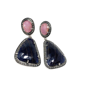 Pave Diamond Sapphire Earrings, Natural Pink and Blue Sapphire Gemstone Earrings, Victorian Jewelry