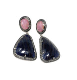 Pave Diamond Sapphire Earrings, Natural Pink and Blue Sapphire Gemstone Earrings, Victorian Jewelry