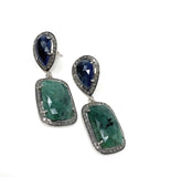Genuine Emerald and Blue Sapphire Pave Diamond Earrings, Sapphire Earrings, Emerald Earrings, Gifts for Her