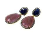 Genuine Sapphire Pave Diamond Earrings, Blue Sapphire Earrings, Rare Fancy Salmon Sapphire Earrings